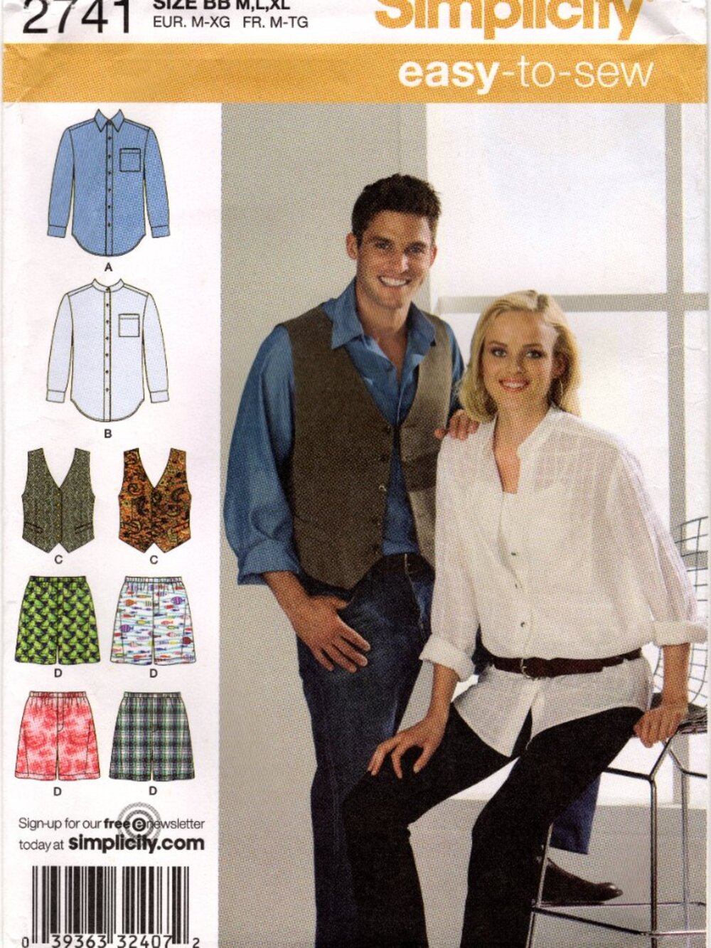 Simplicity 2741 Misses, Men's, Boys Shirt, Vest, Boxers Size BB Pattern Uncut